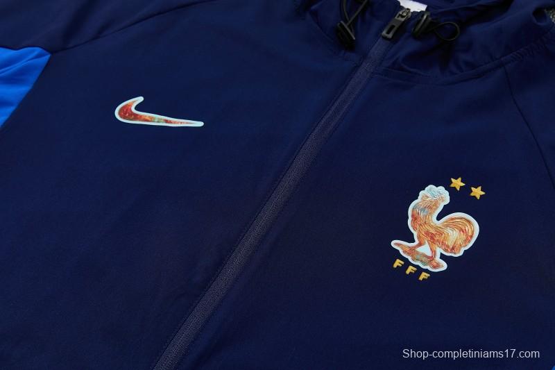 26/27 France Navy Blue Full Zipper Hooded Jacket Tracksuit + Long Pants