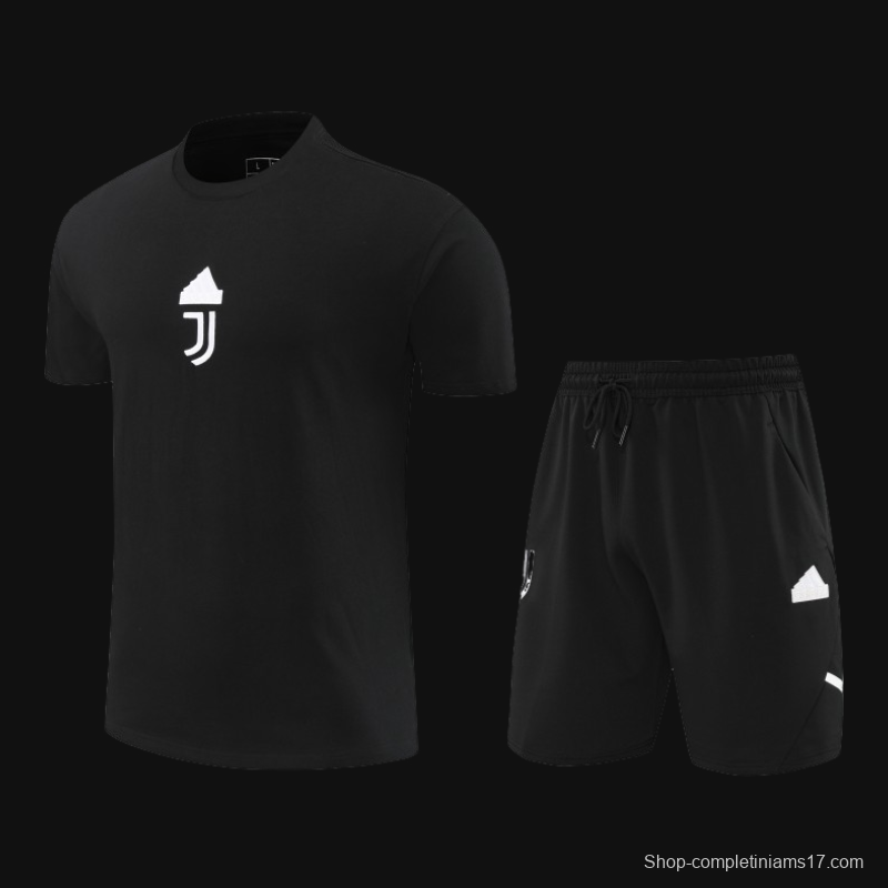 23/24 Juventus Black Cotton Short Sleeve Jersey+Shorts