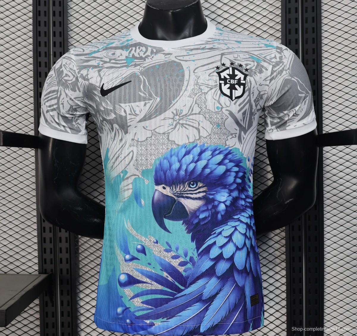 Player Version 2025 Brazil White with Blue Macaw Jersey