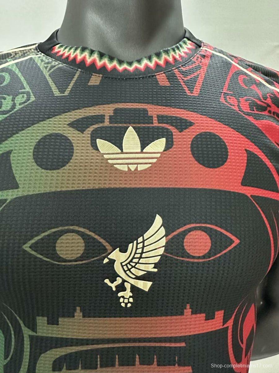 Player Version 2025 Mexico Black with Red-Green Aztec Pattern Jersey