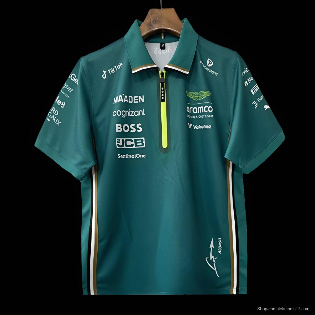 2025 F1 Aston Martin Aramco F1 Team Dark Green with Yellow Zipper Polo