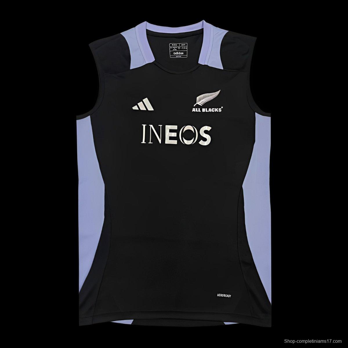2024 New Zealand All Blacks Black with Light Blue Side Panels Sleeveless Jersey